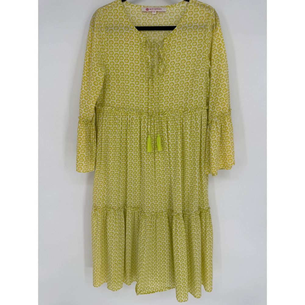 RO'S GARDEN SONIA DRESS TIERED MIDI SMALL LIME GREEN TASSEL BOHO GARDEN ROMANTIC